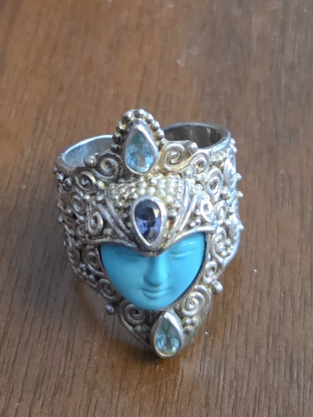 Vintage Sajen Ring W/carved Turqoise, Blue Topz And * Either Iolite Or Tanzanite